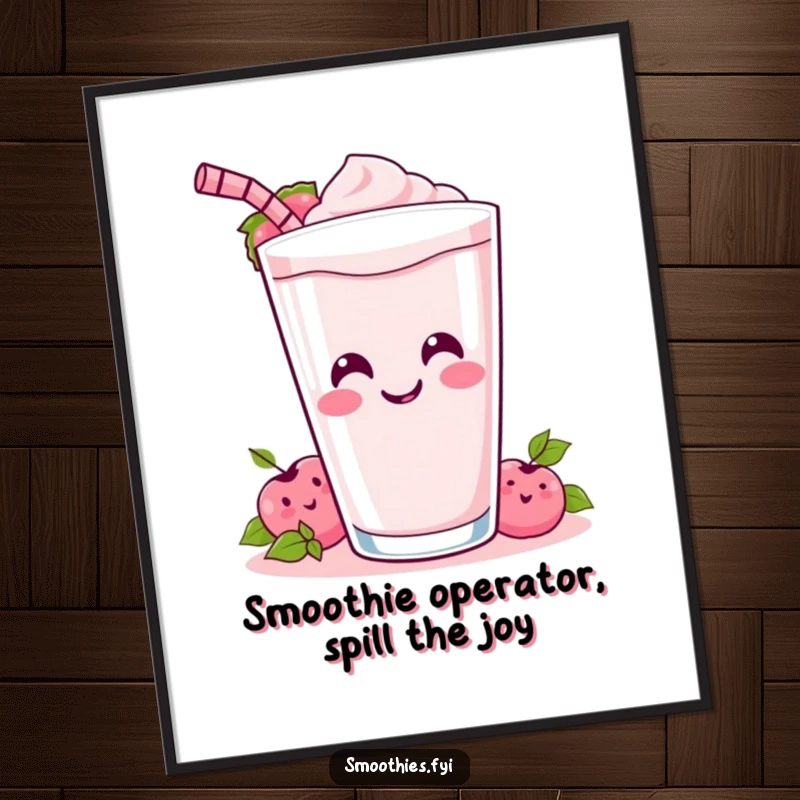 Funny Free Printable Wall Art: A happy Kawaii smoothie character with a wide smile tips its cup over, creating a fun mess.