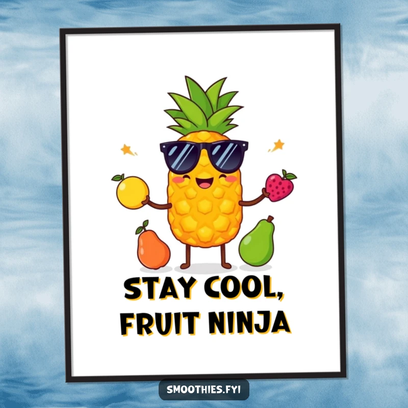 Funny Free Printable Wall Art of a cool pineapple in sunglasses juggling exotic fruits, adding a playful vibe.