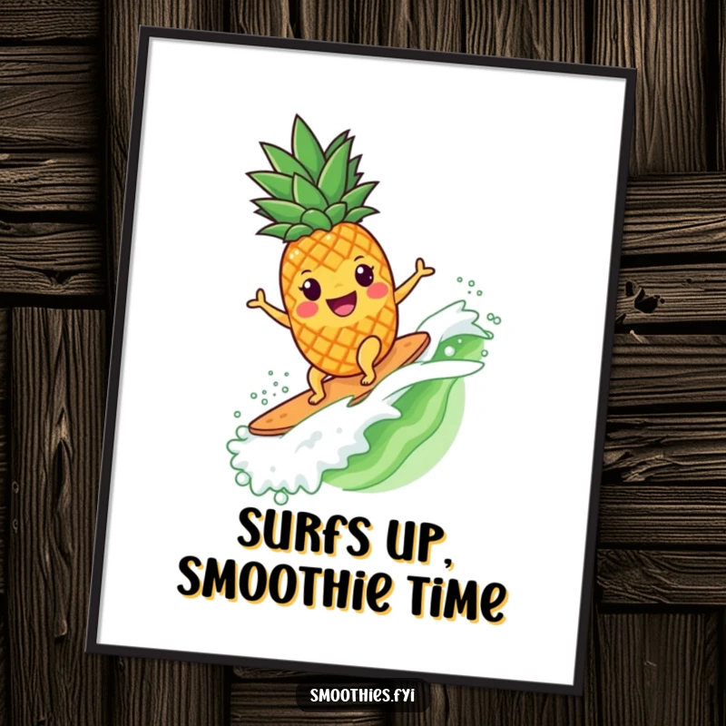 Funny Free Printable Wall Art: A happy pineapple character dynamically surfing a vibrant smoothie wave.
