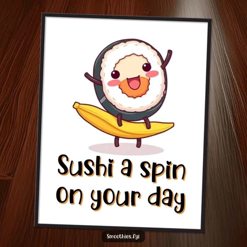 Funny Free Printable Wall Art: Sushi roll doing a cartwheel on a banana peel, an action-packed and amusing piece, downloadable art.