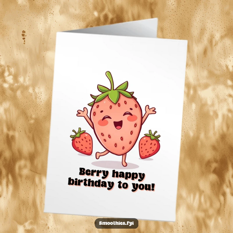 Funny Free Printable Birthday Card: Joyful strawberry doing a silly, energetic dance, spreading cheer, perfect for a birthday