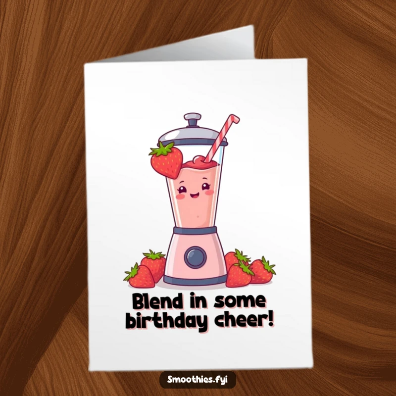 Funny Free Printable Birthday Card: A strawberry smoothie joyfully blasts out of a blender, ready to celebrate.