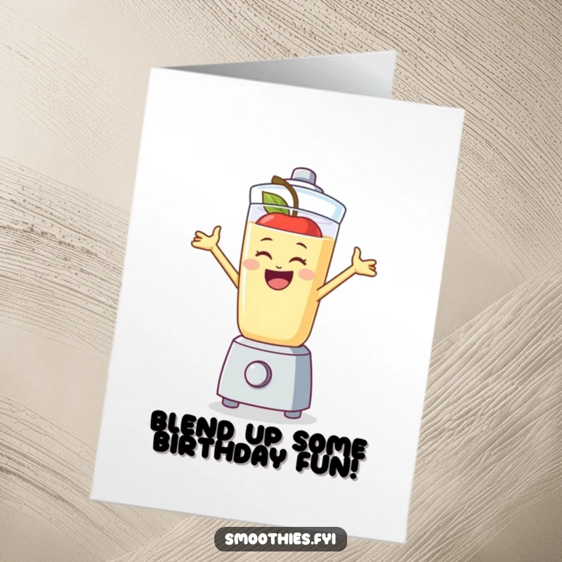 Funny Free Printable Birthday Card featuring a laughing apple smoothie leaping with glee inside a blender, ready to party.