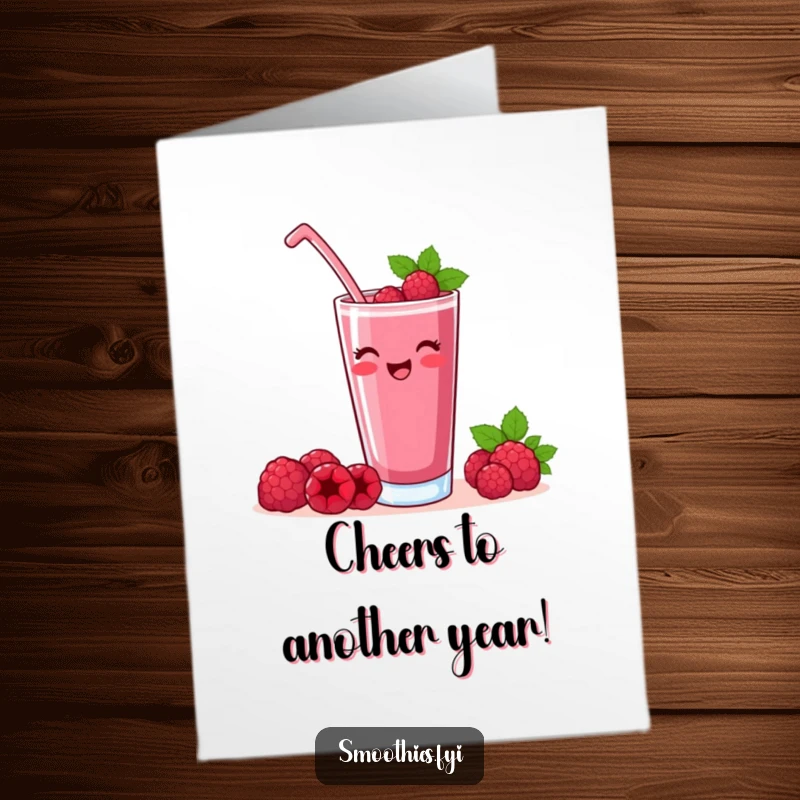 Funny Free Printable Birthday Card: A contented raspberry smoothie raising a glass with a happy sigh, ideal for a downloadable birthday gift.