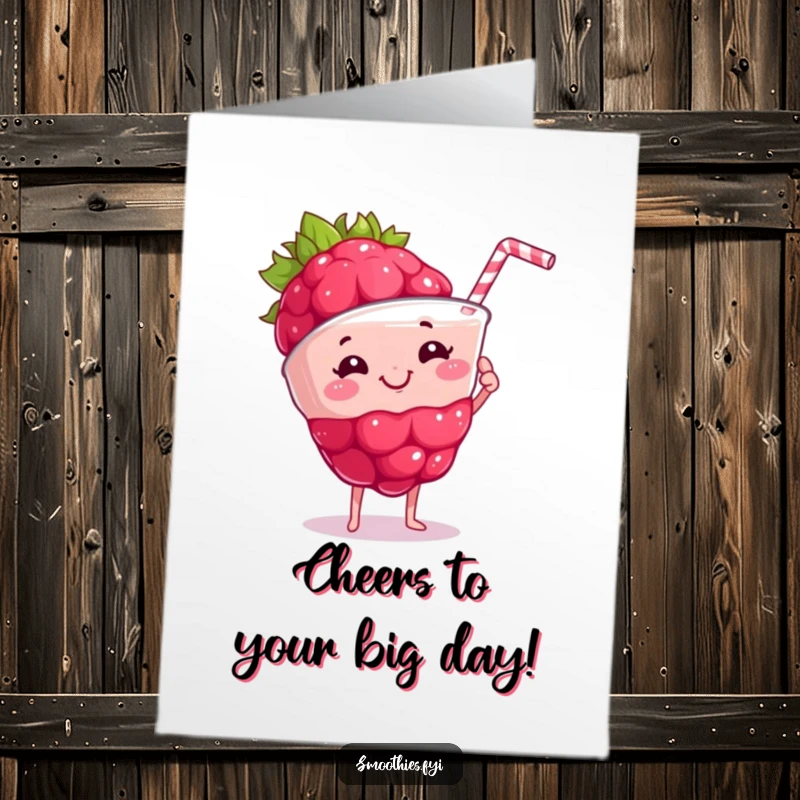 Funny Free Printable Birthday Card featuring a proud raspberry holding a frothy smoothie, celebrating a cool achievement.