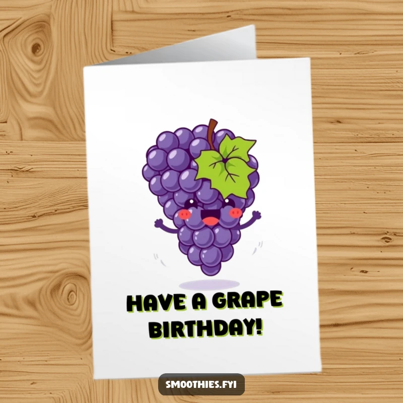 Funny Free Printable Birthday Card: a joyful grape cluster bounces with motion swirls, a festive and humorous greeting.