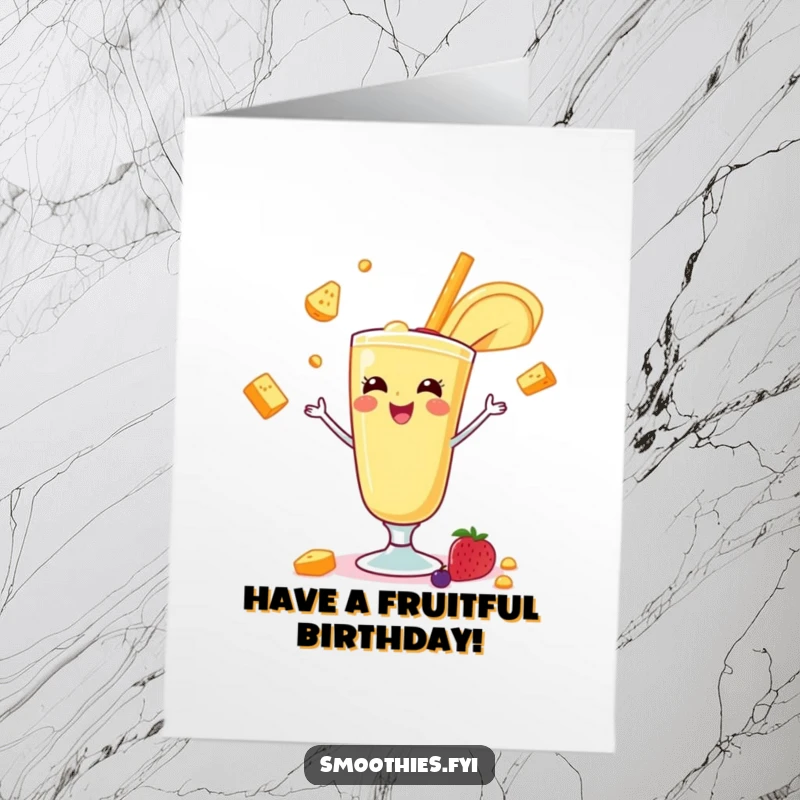 Funny Free Printable Birthday Card: A cheerful banana smoothie juggles tiny fruits, showcasing festive energy.