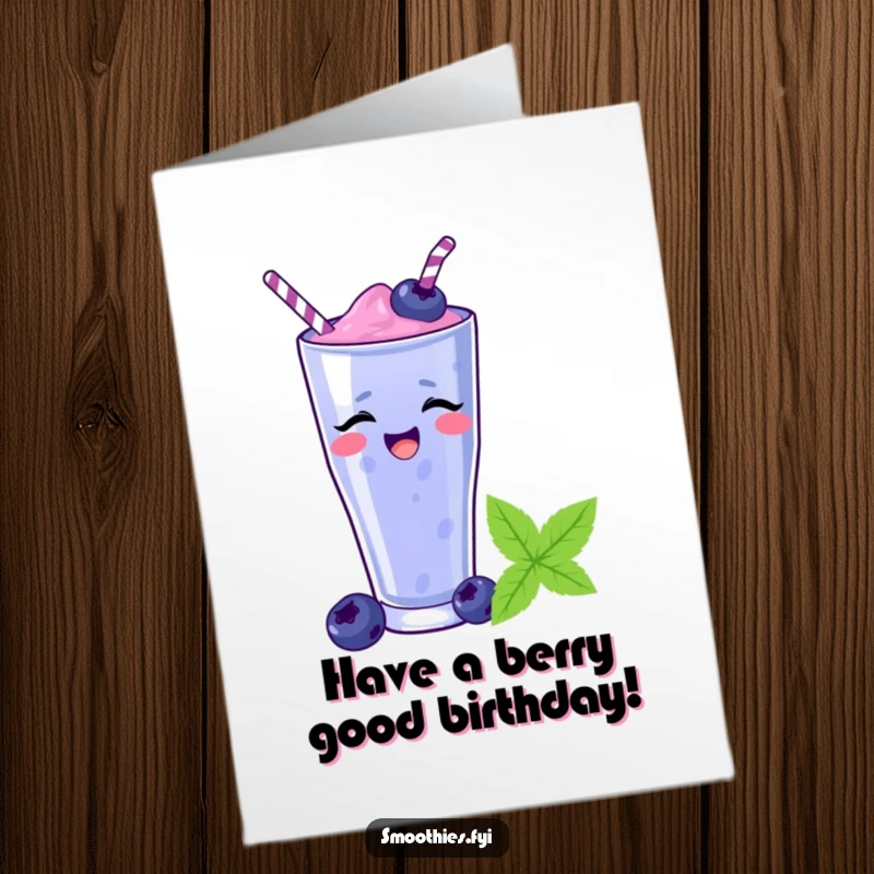 Funny Free Printable Birthday Card: A laughing blueberry smoothie joyfully slides down a straw.