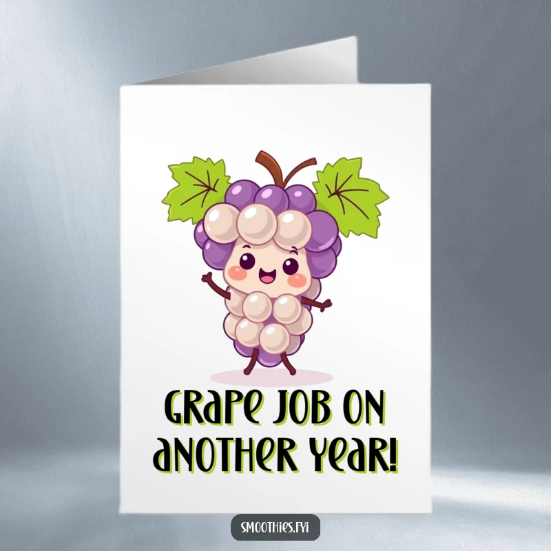 Funny free printable birthday card featuring a kawaii grape bunch joyfully doing a jig, spreading smiles with its happy expression.