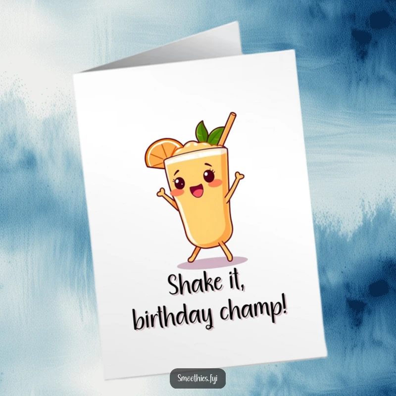 Funny Free Printable Birthday Card: A beaming grapefruit smoothie happily shimmying with joy, perfect for a downloadable gift.