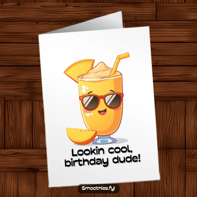 Funny Free Printable Birthday Card: A delighted mango smoothie sports tiny sunglasses, looking super cool.