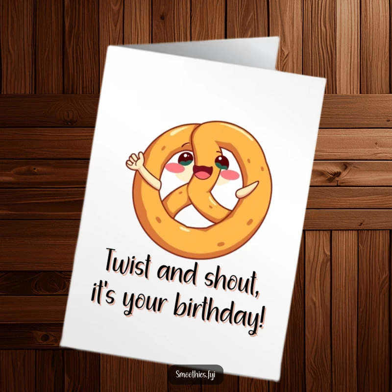 Funny Free Printable Birthday Card featuring a grinning pretzel spinning with pure, unadulterated joy.