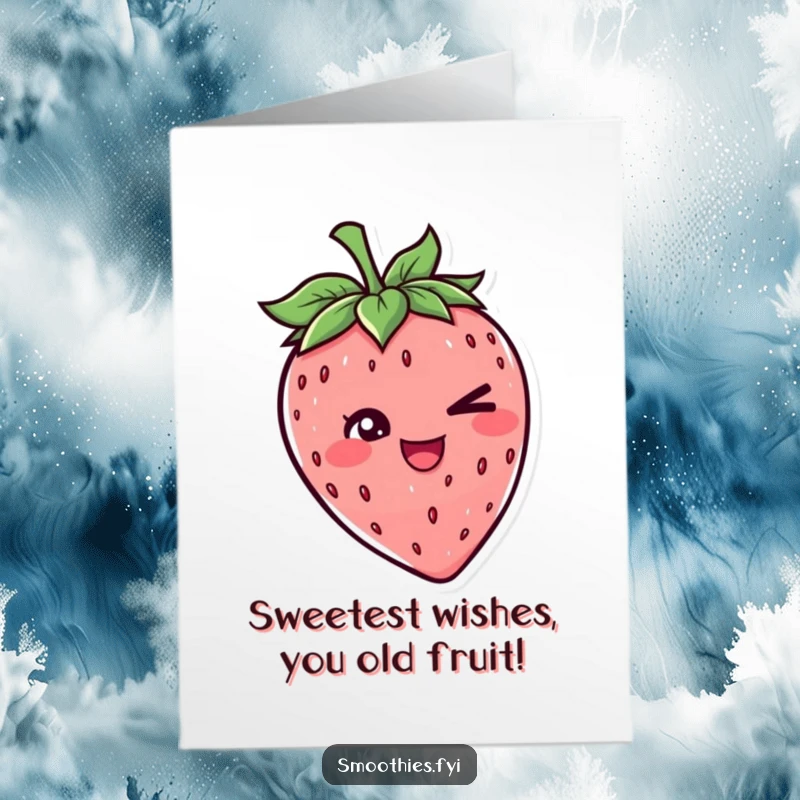 Funny Free Printable Birthday Card: Cheerful strawberry character winks mischievously, ready to deliver birthday laughs.