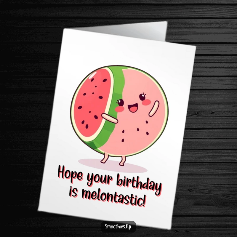 Funny free printable birthday card of a kawaii watermelon slice gleefully performing a cartwheel with a huge smile.