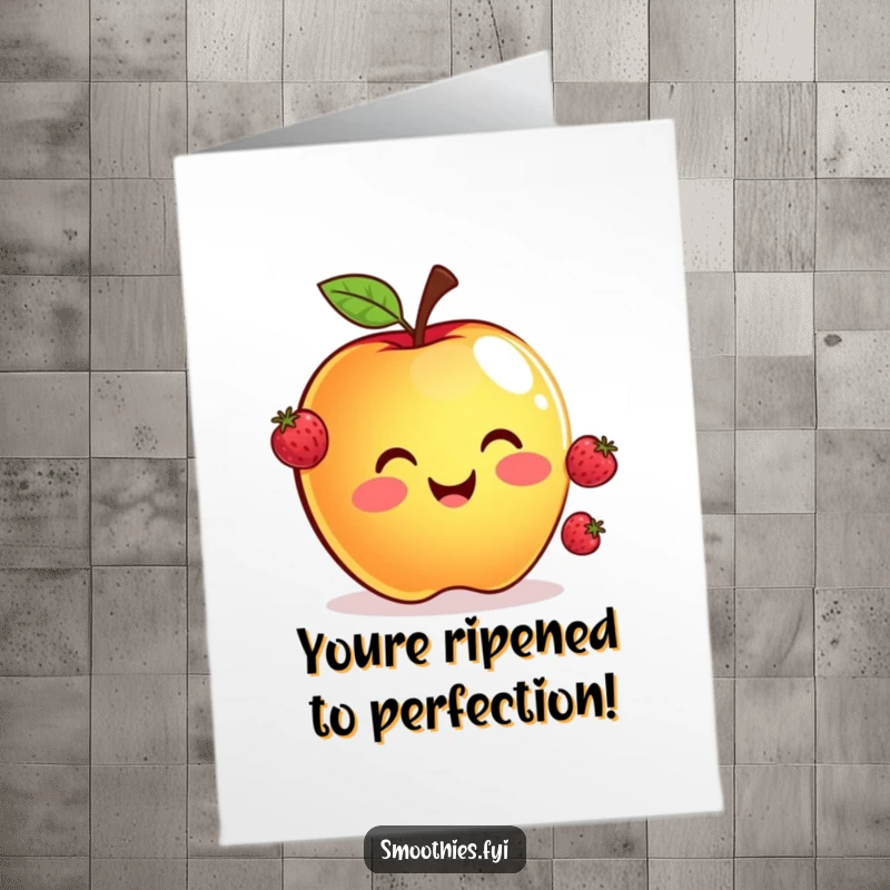 Funny Free Printable Birthday Card featuring a smiling apple expertly juggling three tiny floating berries, a delightful DIY gift.