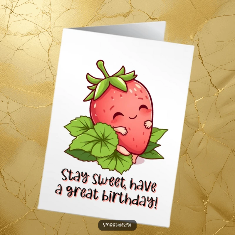 Funny Free Printable Birthday Card shows a cute kawaii strawberry character comically tripping over its own green leaves with a surprised face.