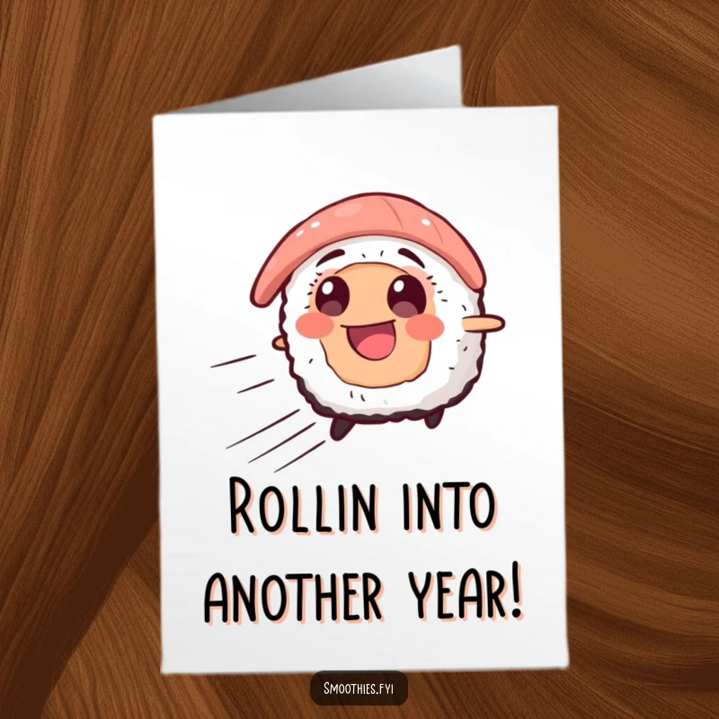 Funny Free Printable Birthday Card: A smiling sushi slice zooms forward with speed lines, wishing a fast and fun birthday.