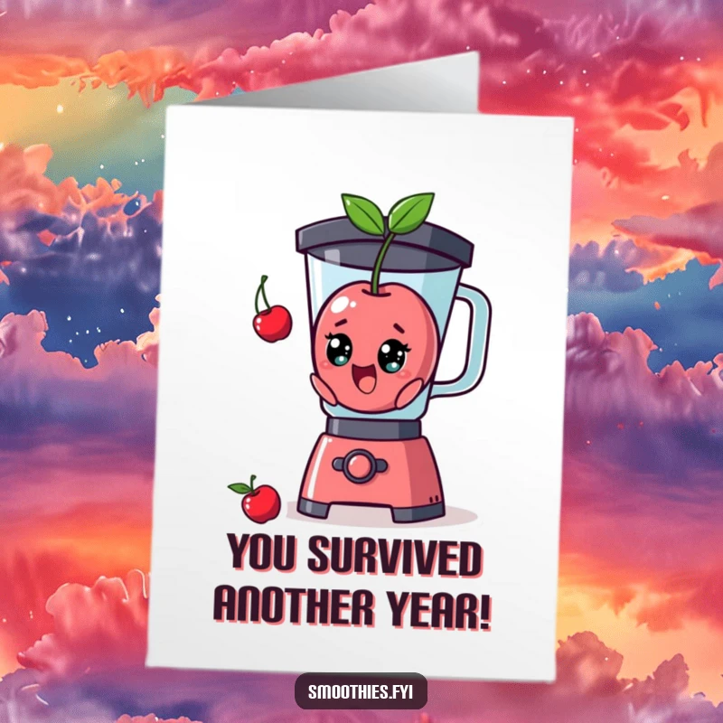 Funny Free Printable Birthday Card featuring a shocked cherry character escaping a blender with a comical expression.