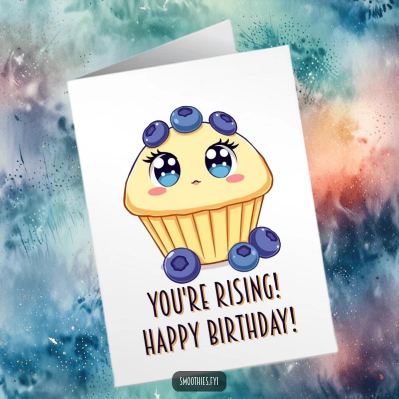 Free Printable Birthday Card: A blueberry muffin with wide, surprised eyes, floating upwards in delight.