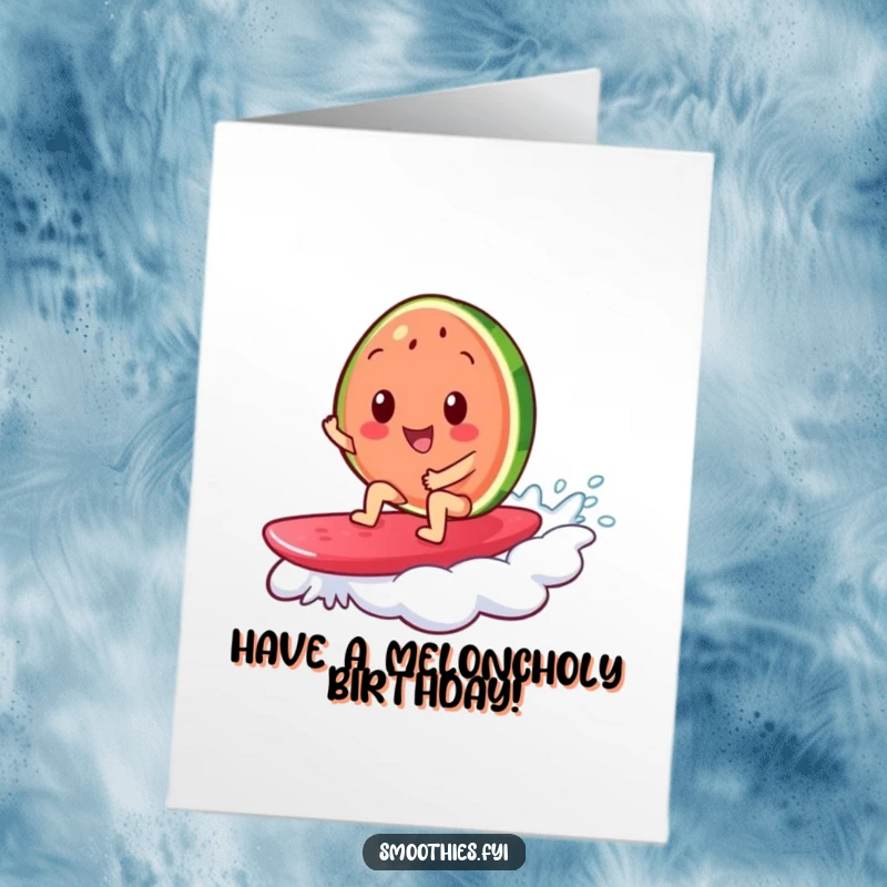 Funny Free Printable Birthday Card: a cheerful watermelon slice surfs a jelly wave, a cool and humorous birthday wish.