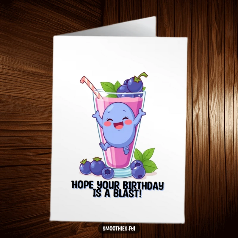 Funny Free Printable Birthday Card: Plump blueberry leaping with delight into a giant smoothie glass, celebrating.