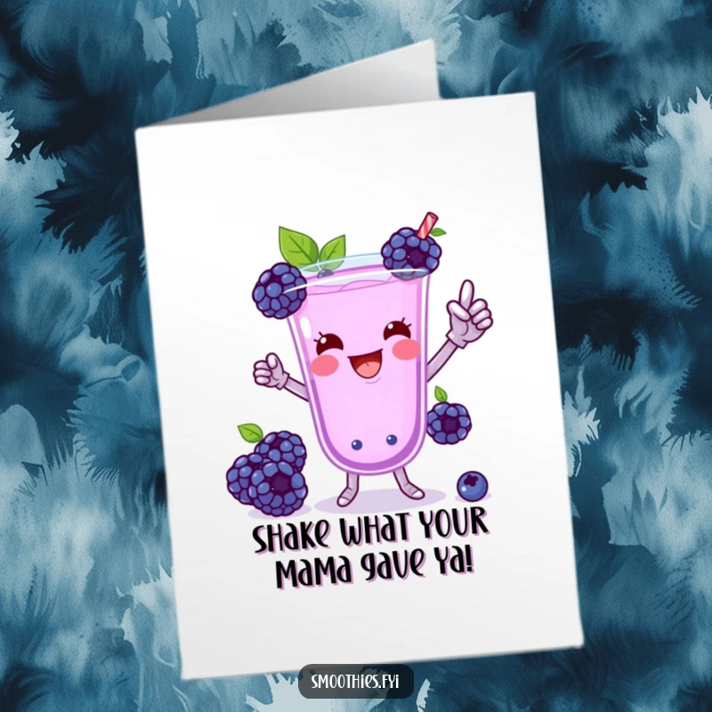 Funny Free Printable Blueberry Smoothie Card: A playful smoothie doing a silly, energetic victory dance for a birthday.