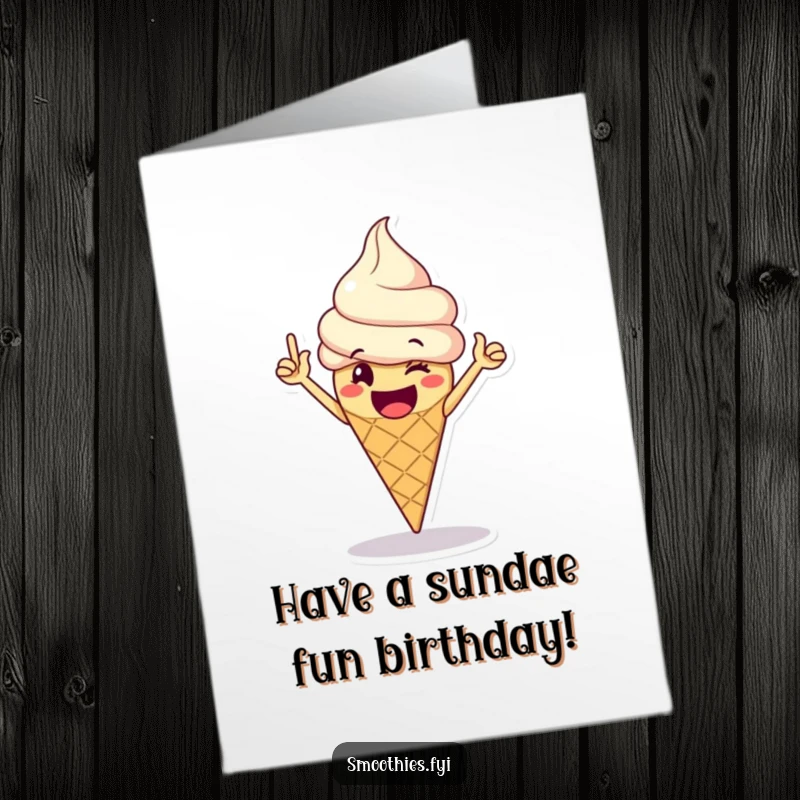 Funny Free Printable Birthday Card: Happy ice cream cone doing a victory dance, sweet and celebratory DIY gift.