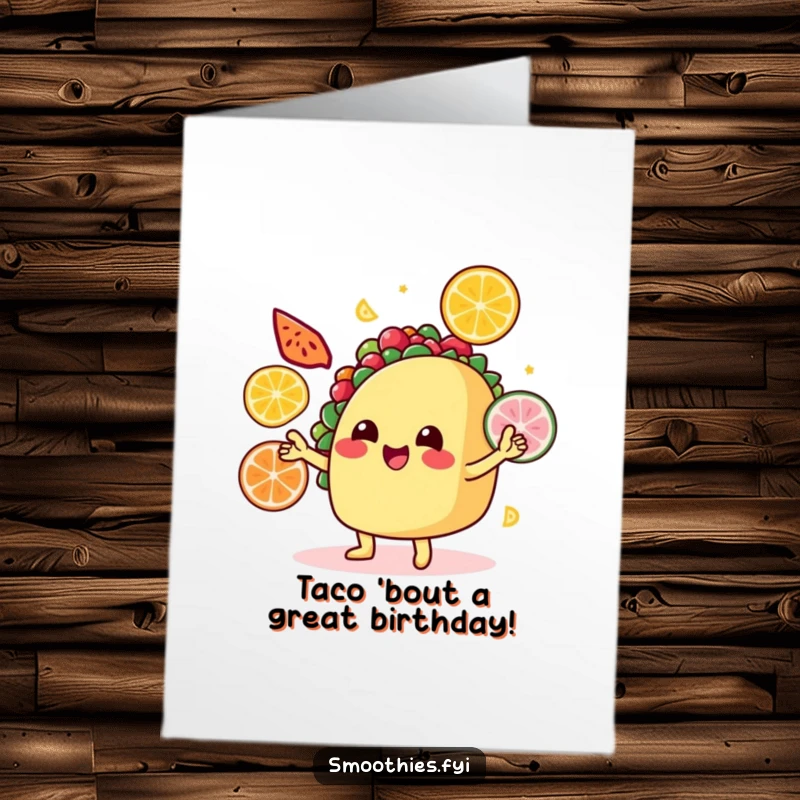 Funny Free Printable Birthday Card: Smiling taco juggling fruit slices, festive and fun DIY gift.