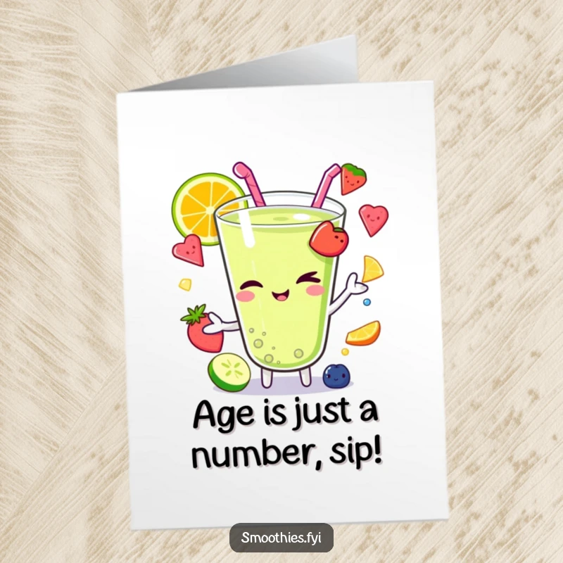 Funny Free Printable Birthday Card: Kawaii smoothie character winking while juggling colorful fruit pieces, celebrating.