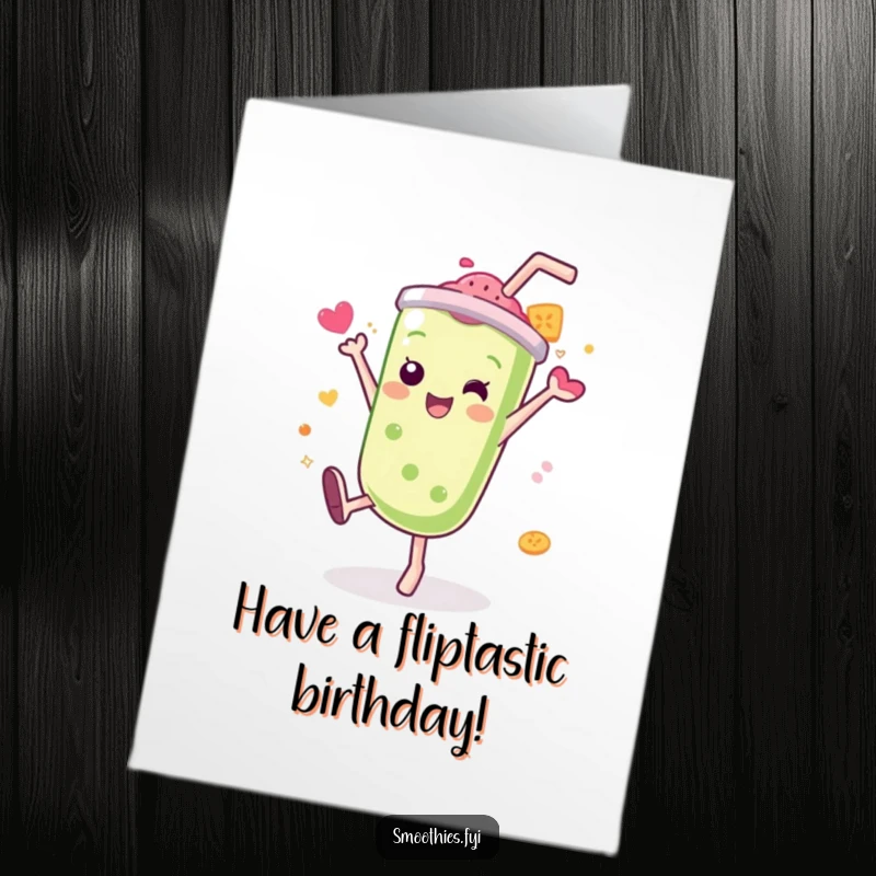 Funny Free Printable Birthday Card: An energetic Kawaii smoothie character performs a cartwheel with a splash of flavor.