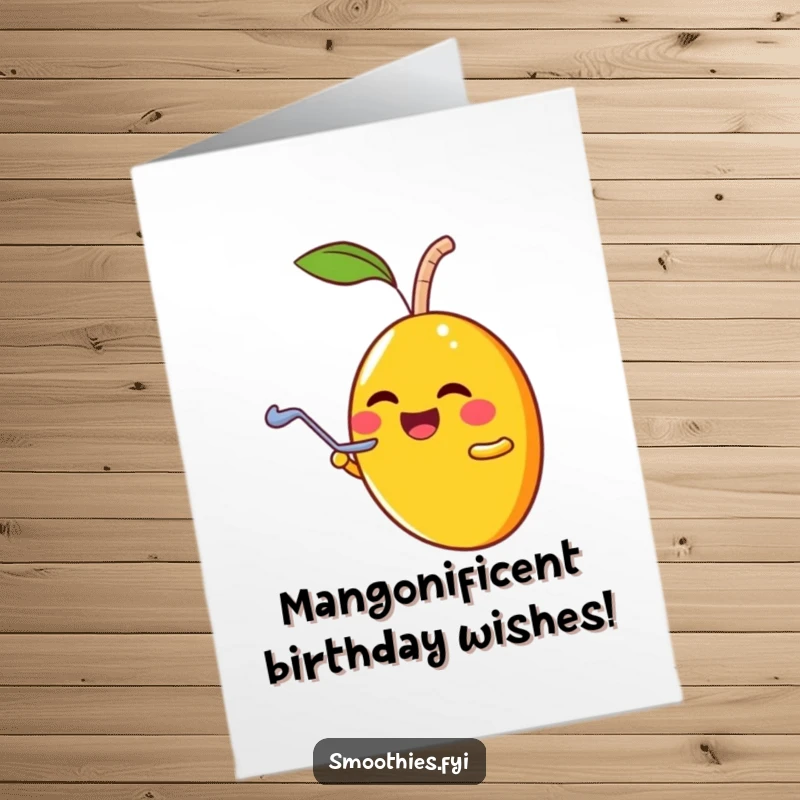 Funny Free Printable Birthday Card: Laughing mango character sharing a smoothie with a tiny spoon.