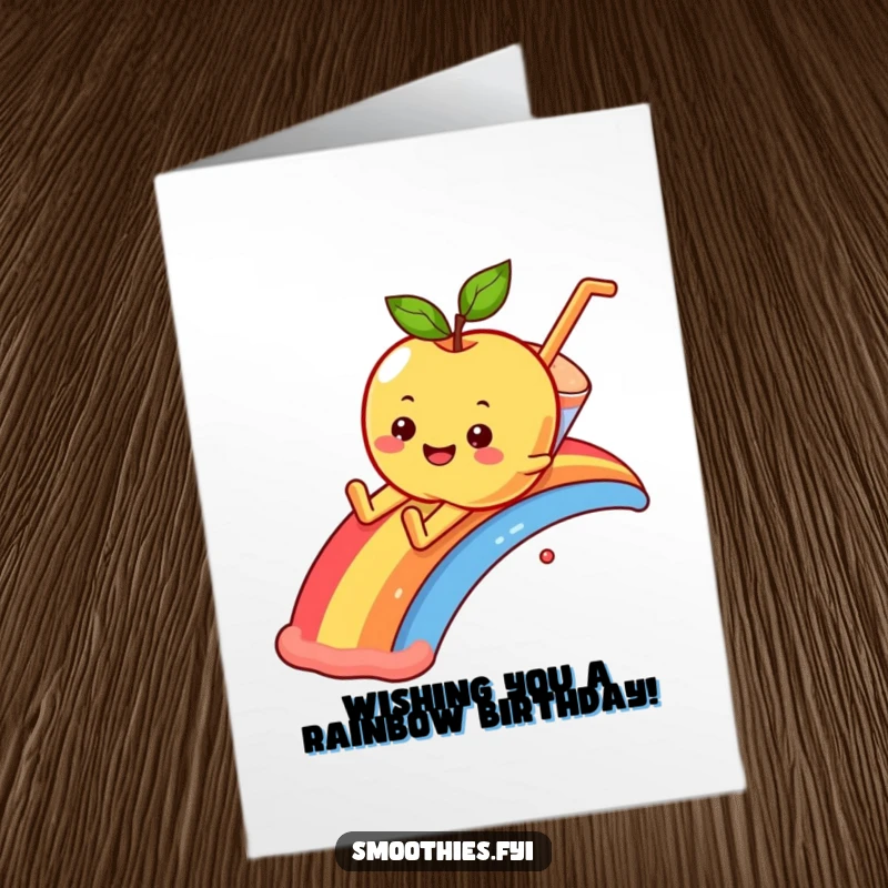 Funny Free Printable Birthday Card: Smiling apple sliding down a rainbow into a smoothie, celebrating joyfully.