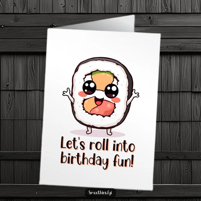 Funny Free Printable Birthday Card featuring a sushi roll with googly eyes doing a silly jig and celebrating.