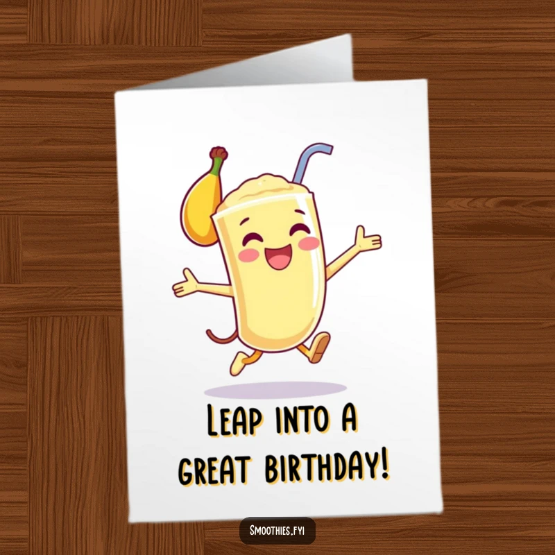 Funny Free Printable Birthday Card: Happy anthropomorphic banana smoothie performing a joyful leap, full of energy and fun.