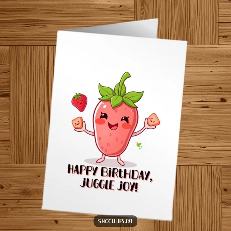 Funny Free Printable Birthday Card: Smiling anthropomorphic strawberry smoothie juggling three smaller fruit chunks, full of energy.