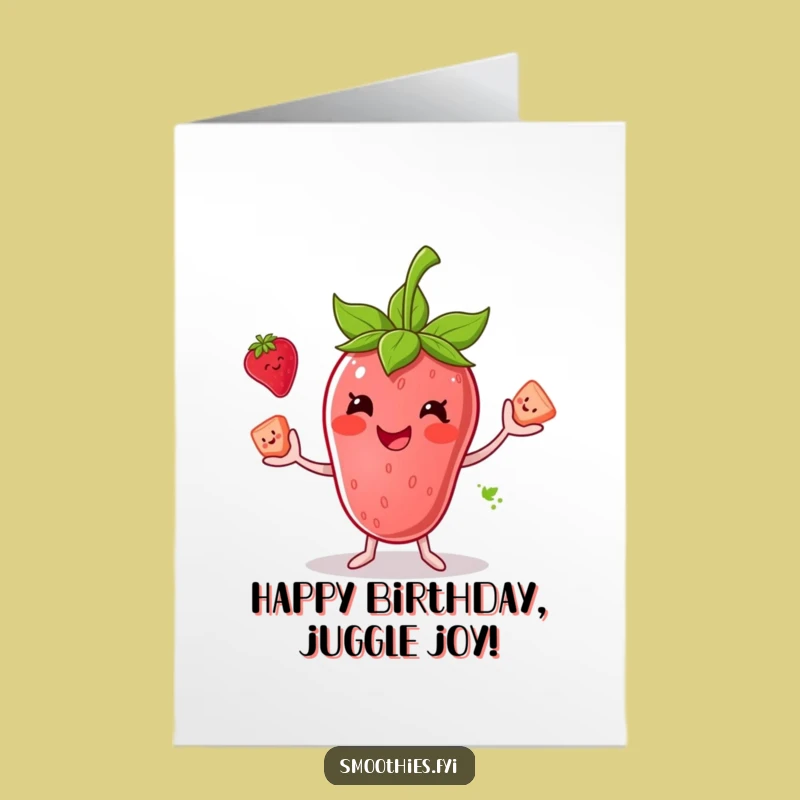 Funny Free Printable Birthday Card: Strawberry Smoothie Juggler, Fruit Fun, Downloadable Gift