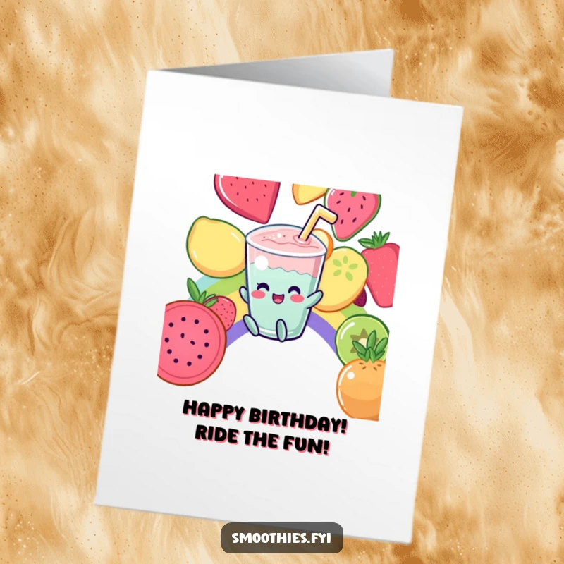 Funny Free Printable Birthday Card: A giggling Kawaii smoothie slides down a rainbow of fruit, celebrating the birthday with glee.