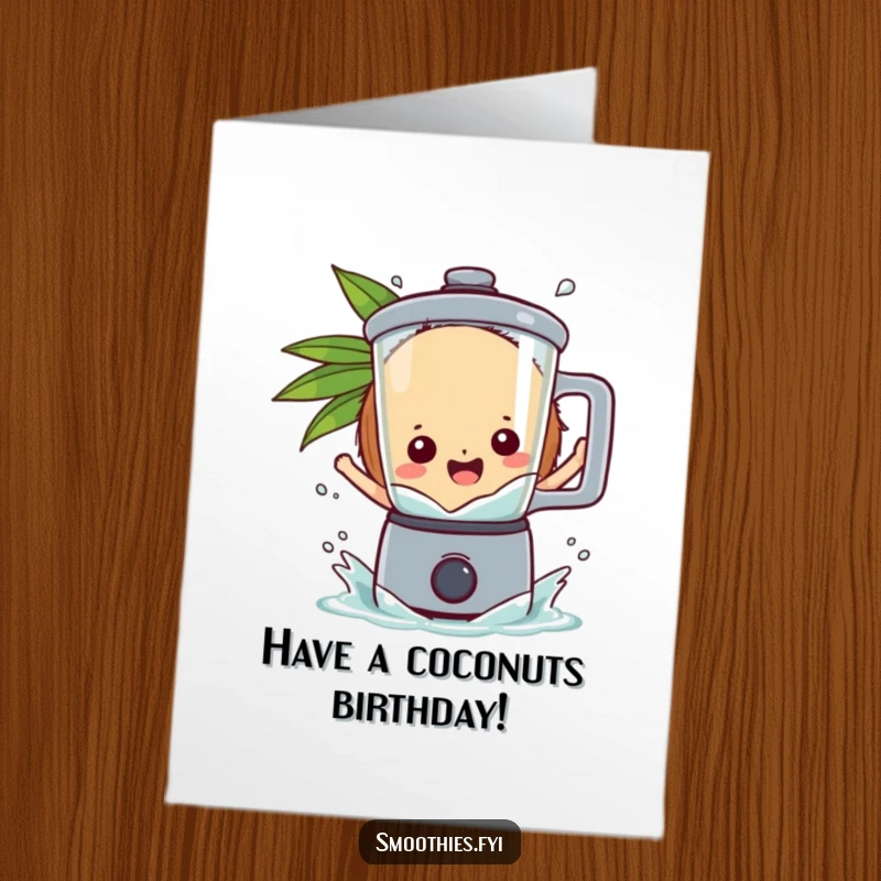 Funny Free Printable Birthday Card: A playful coconut character splashes into a blender with pure glee.