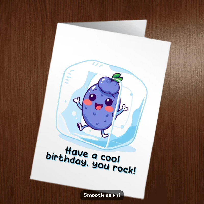 Funny Free Printable Birthday Card featuring a joyful kawaii blueberry character gleefully hopping inside a giant, frosty ice cube.