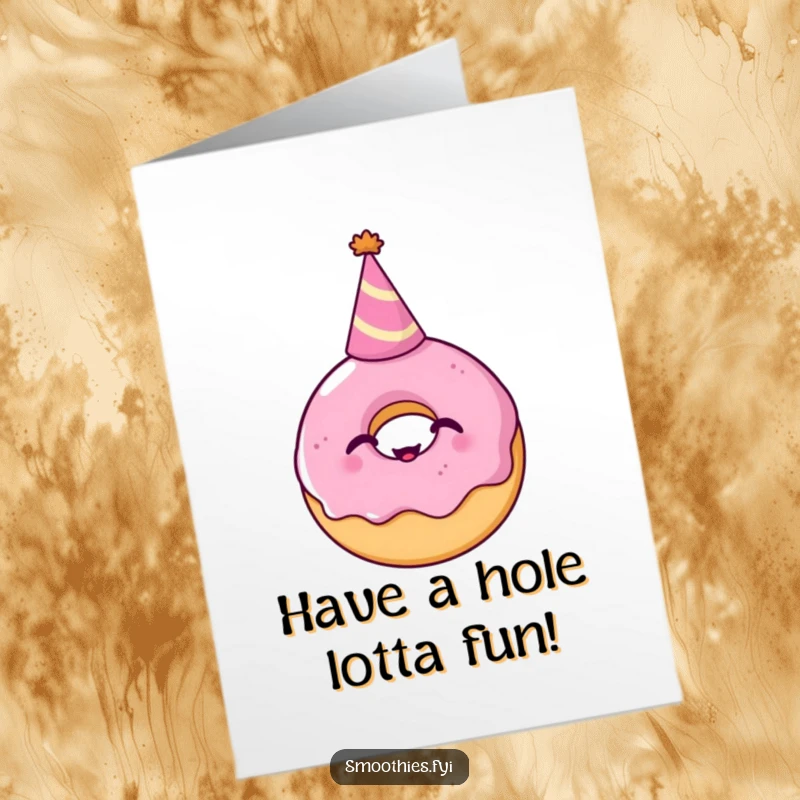 Funny Free Printable Birthday Card: Giggling donut with a tiny party hat, ready to celebrate a birthday.