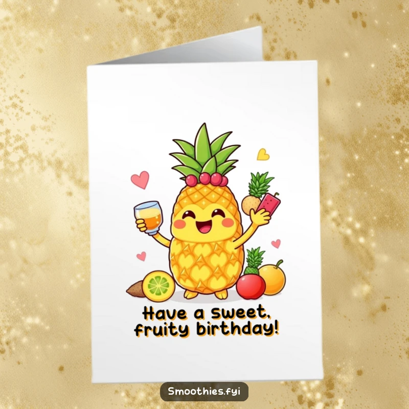 Funny Free Printable Birthday Card: Jolly pineapple enthusiastically blending colorful fruits, smiling, ready for celebration.