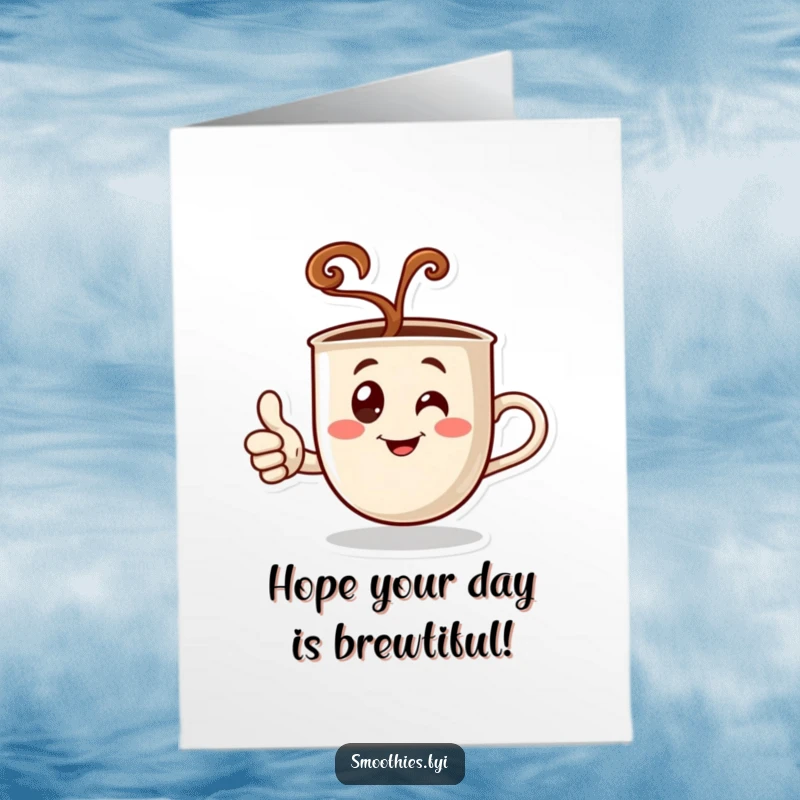 Funny Free Printable Birthday Card: A steaming coffee cup character gives a thumbs up, wishing a great birthday.