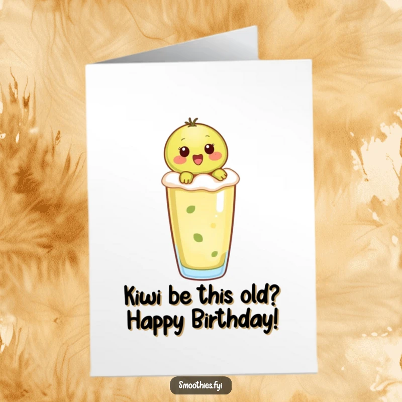 Funny Free Printable Birthday Card: Playful kiwi character joyfully riding a frothy smoothie ocean.
