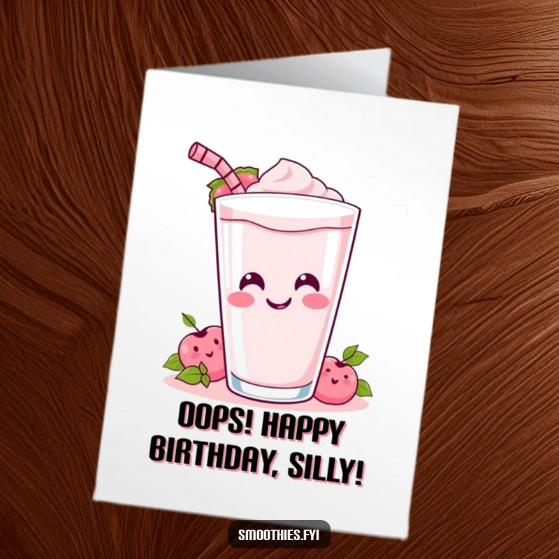 Funny Free Printable Birthday Card: A happy Kawaii smoothie spills its drink with a wide smile, ready for a laugh.