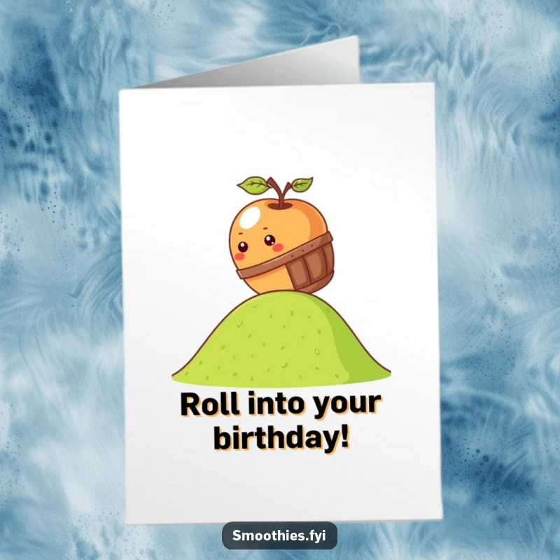 Funny Free Printable Birthday Card: Kawaii apple rolling downhill in a barrel, cartoon action.