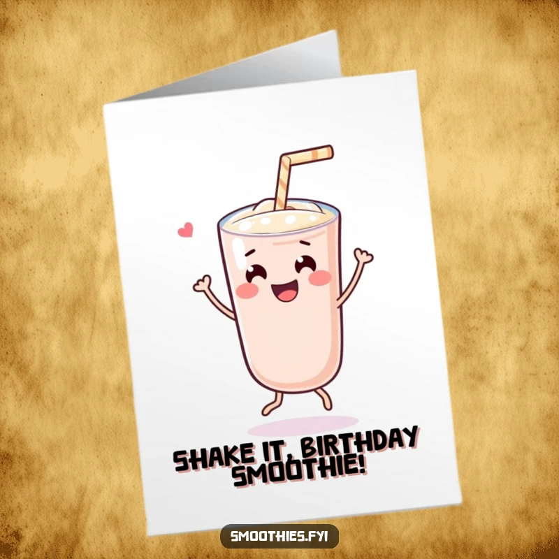Funny Free Printable Birthday Card: Cheerful Kawaii smoothie character dancing joyfully with a straw, celebrating.