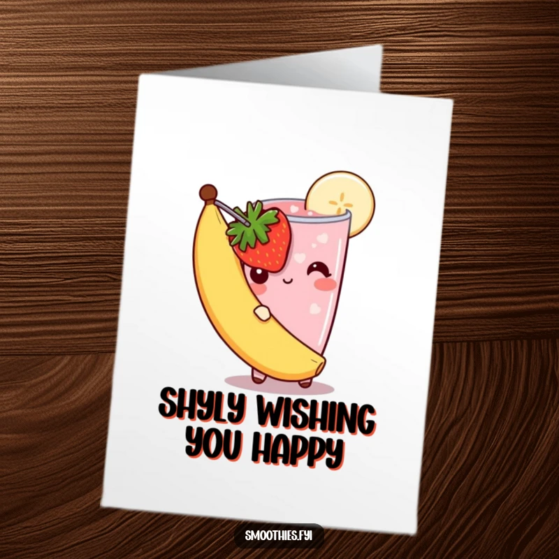 Funny Free Printable Birthday Card: A shy strawberry smoothie peeks from behind a banana, offering cute birthday greetings.