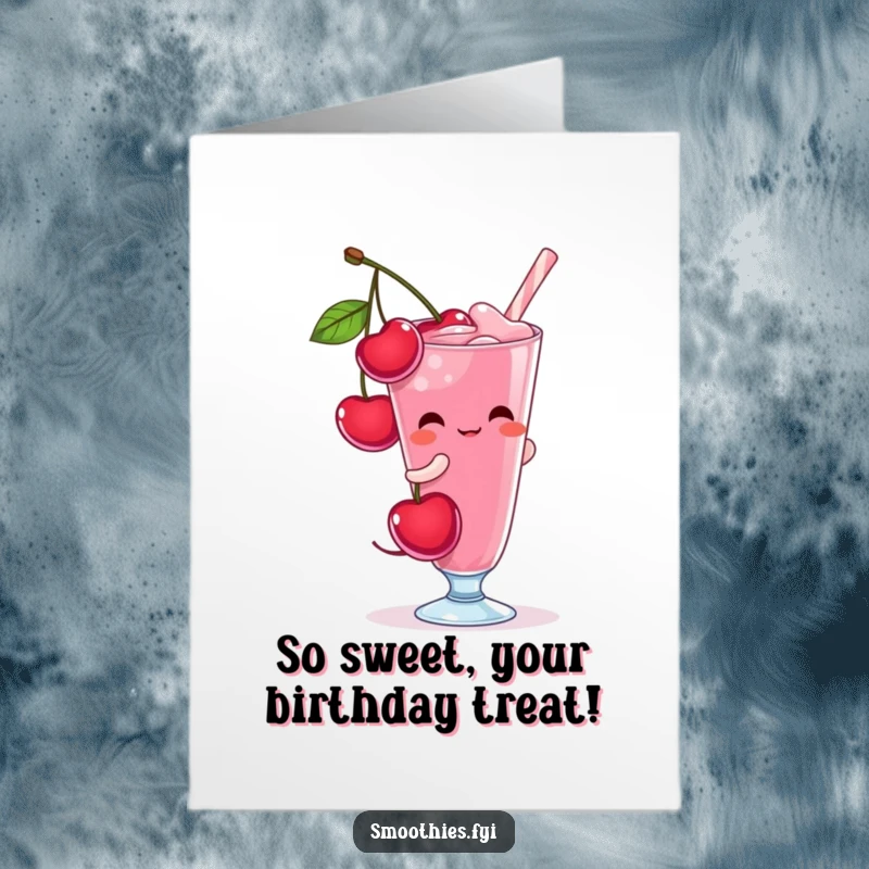Funny Free Printable Birthday Card: A shy cherry character blushes while happily pouring into a glass.