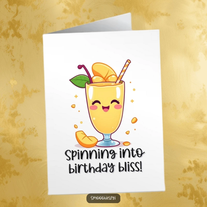 Funny Free Printable Birthday Card: A delighted mango smoothie spins with joy, celebrating a birthday.