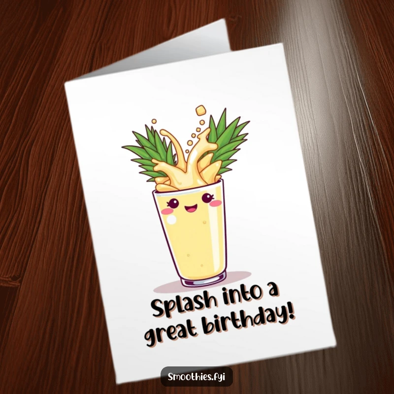 Funny Free Printable Birthday Card: A playful pineapple smoothie makes a dynamic splash into a cup.